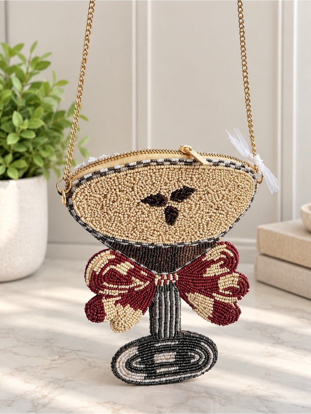 Handcrafted in India Beaded Cocktail Martini Glass Crossbody Purse Bow Bag